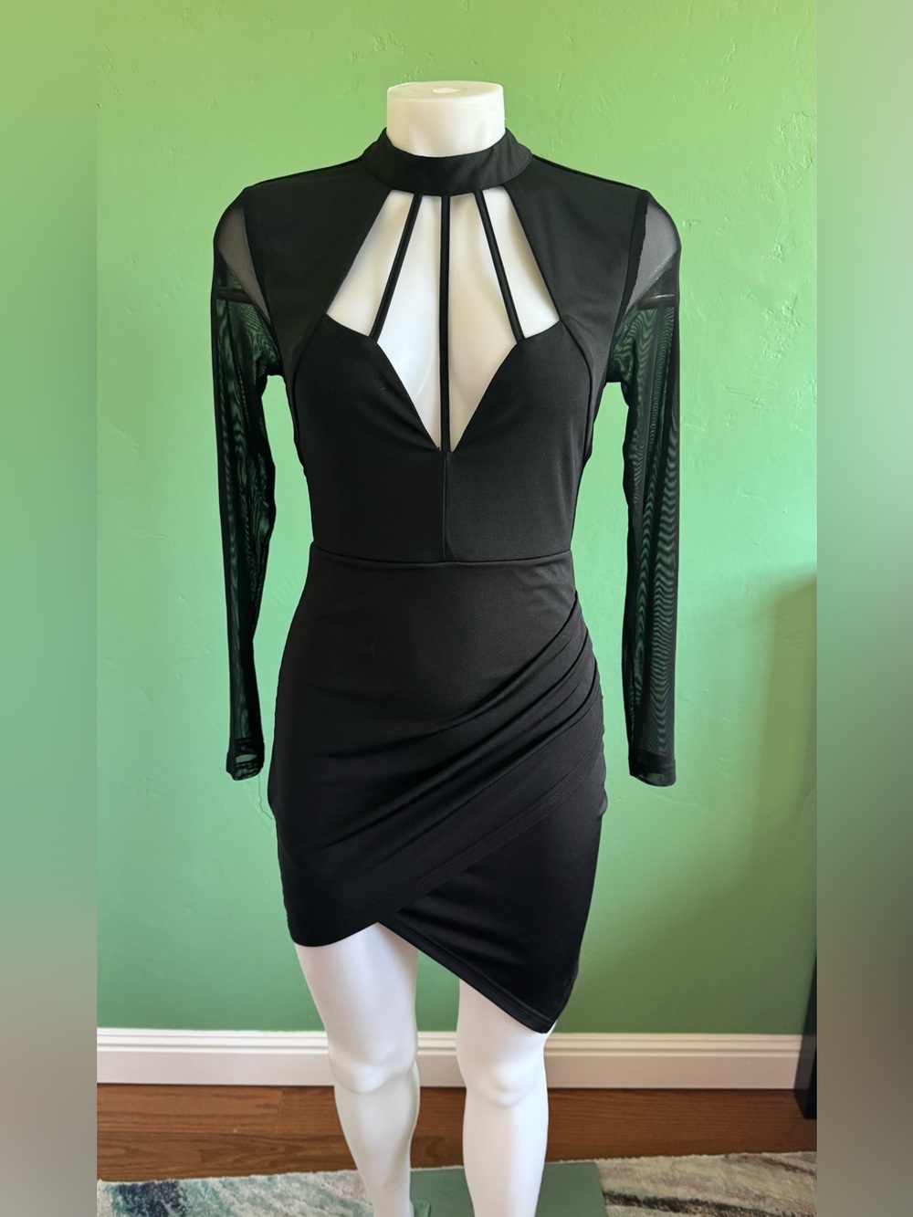 YOINS Black Mesh Long Sleeve Cutout Bodycon Dress